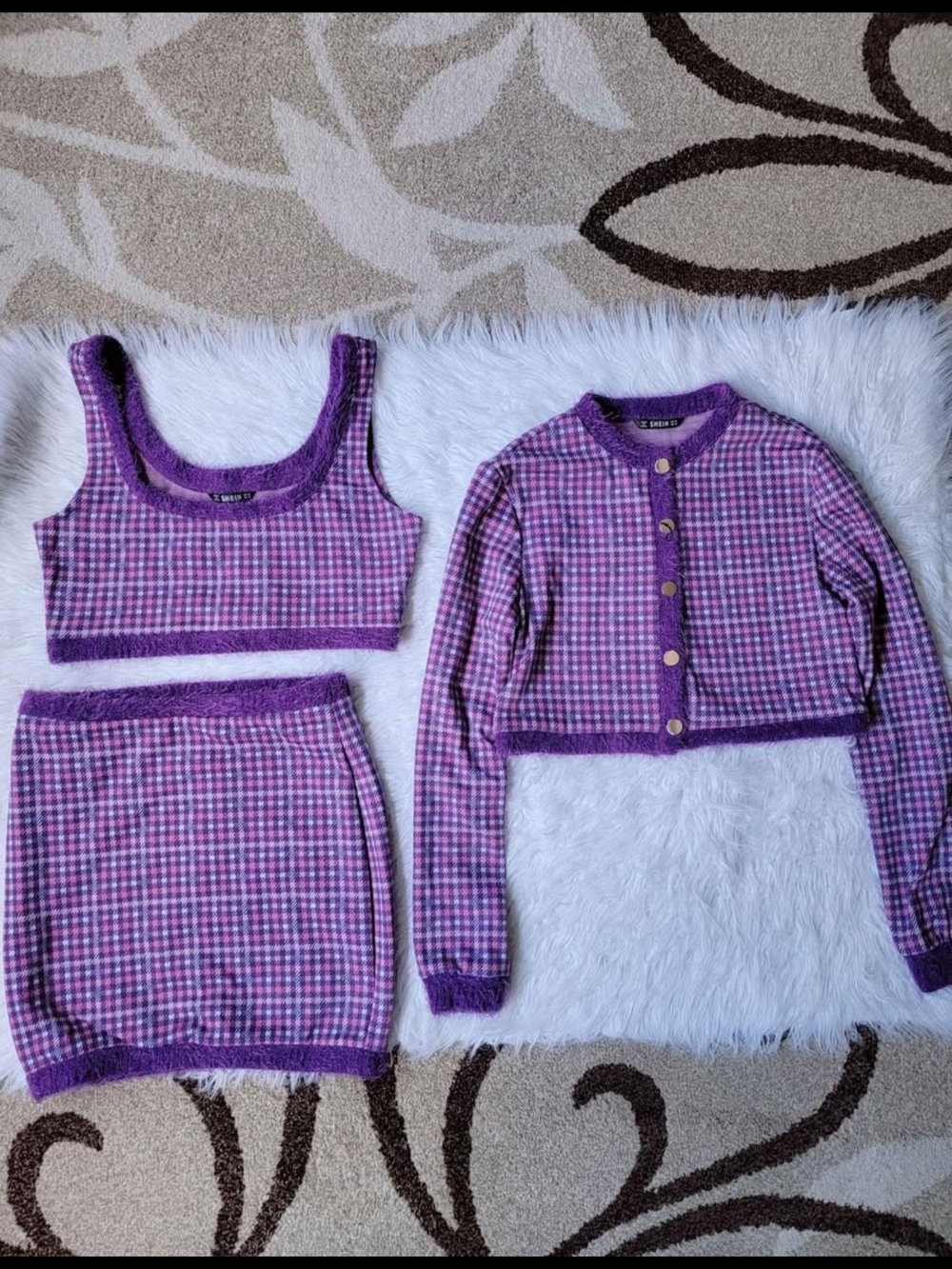 Purple Plaid 3-Piece Knit Set - Crop Tank, Skirt & Cardigan